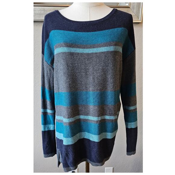 Talbots Cotton Teal Navy Striped Tunic Sweater Hi Low Soft Women Medium - Picture 1 of 6